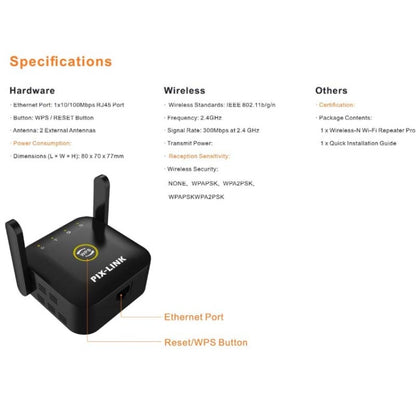 PIX-LINK WR22 300Mbps Wifi Wireless Signal Amplification Enhancement Extender, Plug Type:UK Plug(Black) - Wireless Routers by PIX-LINK | Online Shopping South Africa | PMC Jewellery | Buy Now Pay Later Mobicred