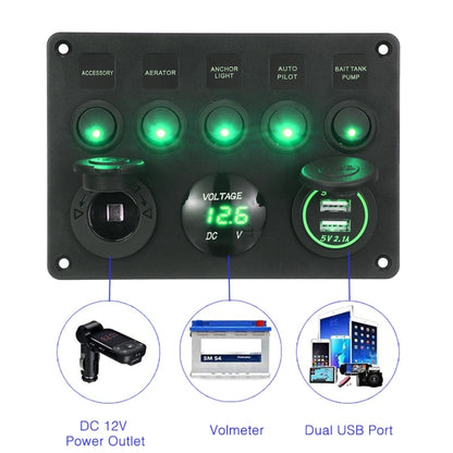 RV Yacht Car Combination Cat Eye Switch Dual USB Car Charging Control Panel With Voltmeter (Green Light) - Car Switches by PMC Jewellery | Online Shopping South Africa | PMC Jewellery | Buy Now Pay Later Mobicred