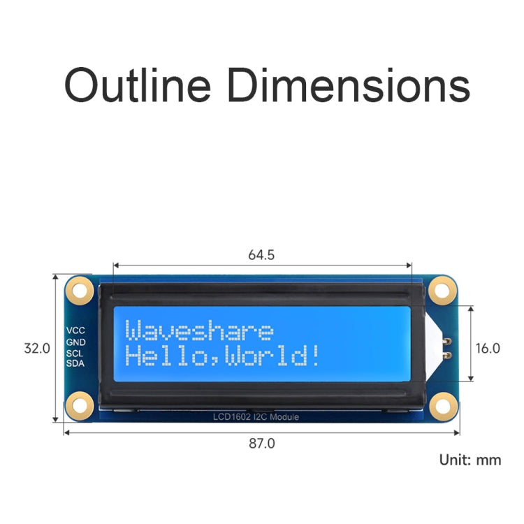 Waveshare 23991 LCD1602 I2C Module, White with Blue Background, 16x2 Characters, 3.3V/5V - free shipping - PMC TechLife - Order now!