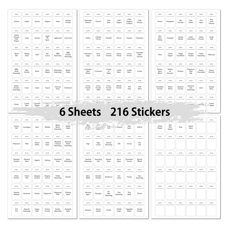 216 PCS Spice Jar Label Stickers Waterproof Oil Proof Kitchen Spice Jar Label(6 Sheets / set) - Printer Paper & Stickers by PMC Jewellery | Online Shopping South Africa | PMC Jewellery