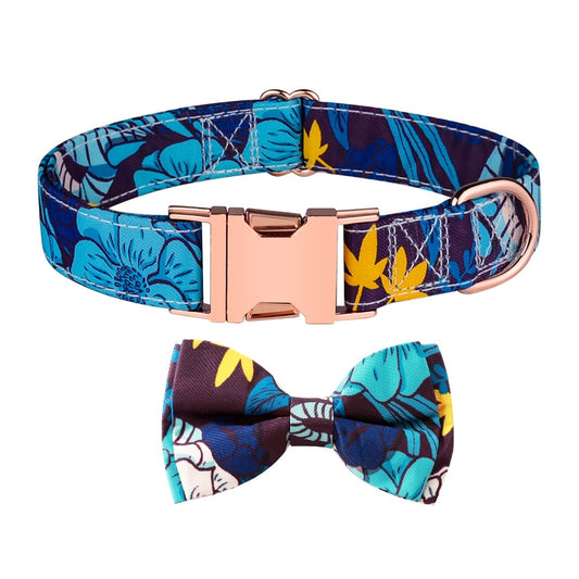 Rose Gold Buckle Pet Detachable Bow Collar, Size: M 2.0x33-50cm(Blue Snake Flower) - Collars by PMC Jewellery | Online Shopping South Africa | PMC Jewellery