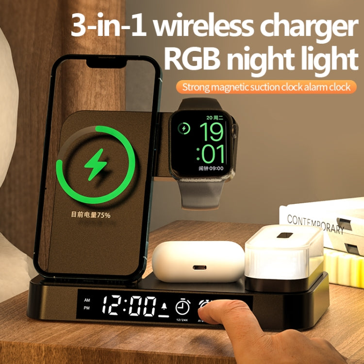 A37 30W 3-in-1 Wireless Charging Phone Stand with RGB Night Light & Alarm Clock & Watch Charger For Apple Function(White) - Multifunction Charger by PMC Jewellery | Online Shopping South Africa | PMC Jewellery | Buy Now Pay Later Mobicred