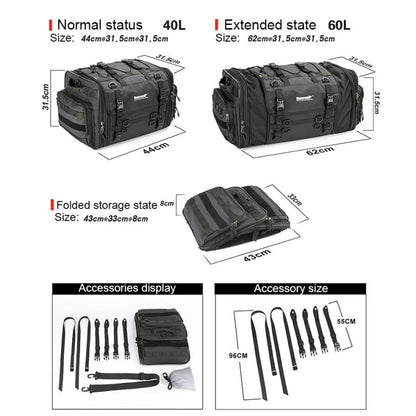 Rhinowalk MT4060 Large-capacity Foldable Expandable Tail Bag for Motorcycle Riding with Rain Cover(Black) - Bags & Luggages by Rhinowalk | Online Shopping South Africa | PMC Jewellery | Buy Now Pay Later Mobicred