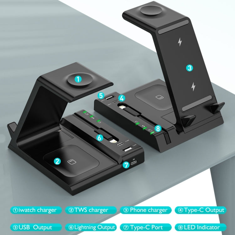 Z252 6-In-1 Wireless Charging Stand Dock With USB-C/Type-C Port & 8 Pin Charge Cable(Grey) - Wireless Charger by PMC Jewellery | Online Shopping South Africa | PMC Jewellery | Buy Now Pay Later Mobicred