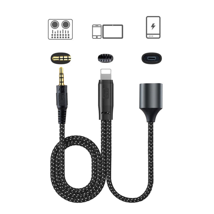 T42B 3.5mm Male+8 Pin Male+8 Pin Female Live OTG Sound Card Cable Mobile Phone Charging Audio Recording Data Cable - Video & Audio Cable by PMC Jewellery | Online Shopping South Africa | PMC Jewellery | Buy Now Pay Later Mobicred