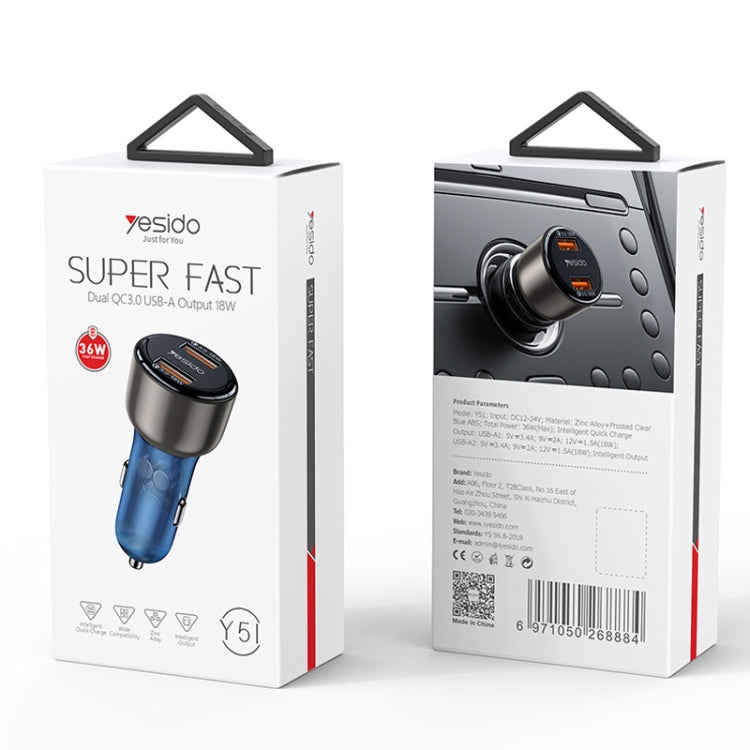 Yesido Y51 36W Dual-channel Fast Charging Zinc Alloy QC3.0 Car Charger(Black) - Car Charger by Yesido | Online Shopping South Africa | PMC Jewellery | Buy Now Pay Later Mobicred