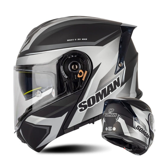 SOMAN Racing Motorcycle Double Lens Riding Safety Helmet, Size: XL(Silver Gray Black Vision) - Helmets by SOMAN | Online Shopping South Africa | PMC Jewellery | Buy Now Pay Later Mobicred