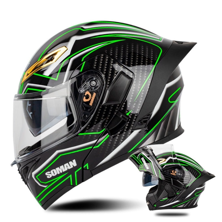 SOMAN Motorcycle Dual Lens Riding Peel-Off Full Coverage Helmet, Size: L(Bright Black Green) - Helmets by SOMAN | Online Shopping South Africa | PMC Jewellery | Buy Now Pay Later Mobicred