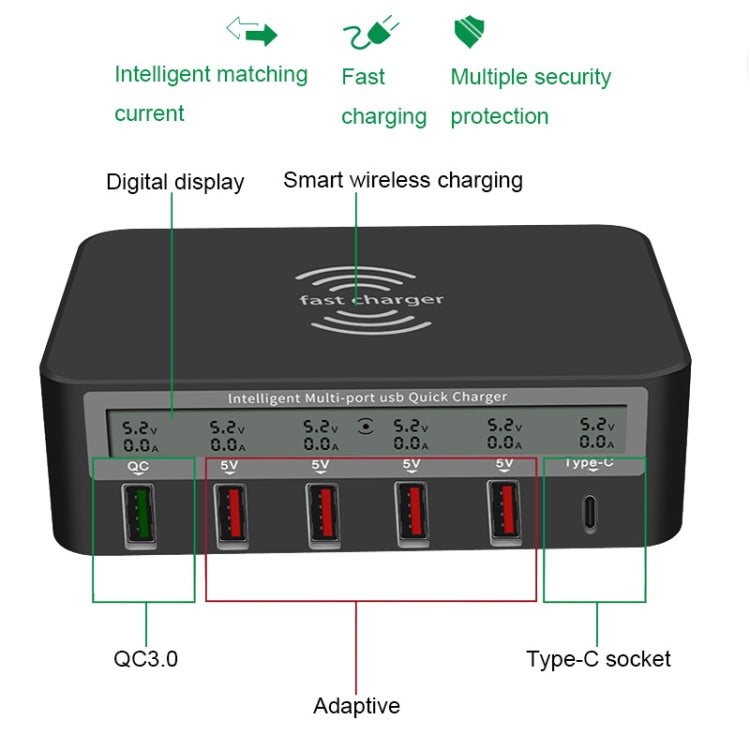 818F 5 USB Ports + Type-C Multifunctional Multi-Port Wireless Charger, Style: UK Plug (Black) - Multifunction Charger by PMC TechLife | Online Shopping South Africa | PMC TechLife | Buy Now Pay Later Mobicred