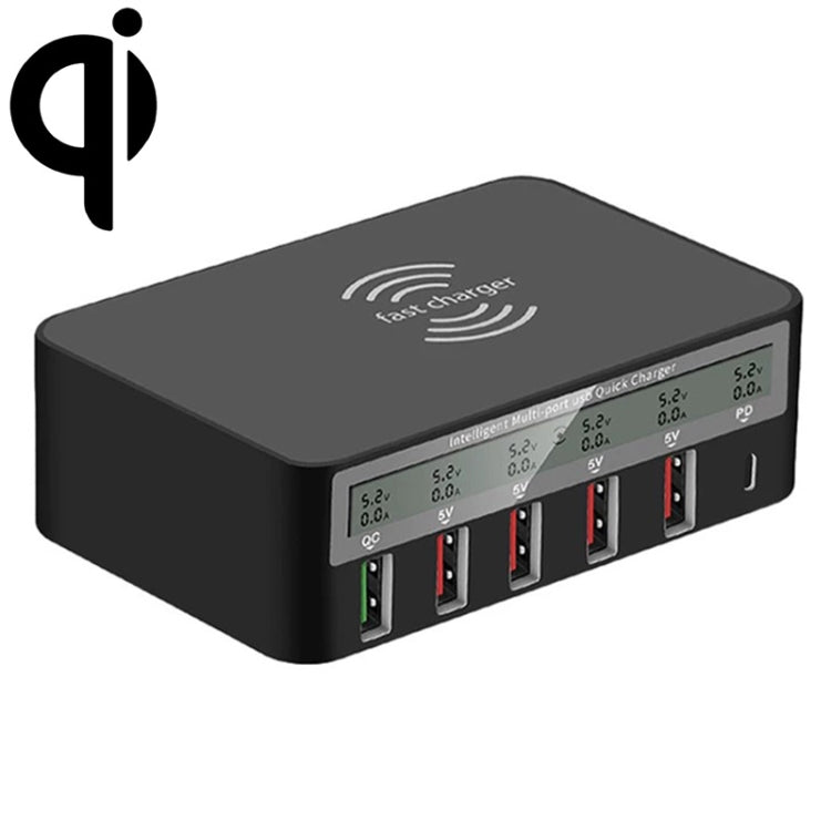 818PF 5 USB Ports + Type-C Smart Digital Display Wireless Phone Charger, Style: EU Plug (Black) - Multifunction Charger by PMC TechLife | Online Shopping South Africa | PMC TechLife | Buy Now Pay Later Mobicred