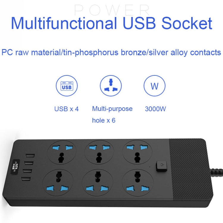 TB-T12 3000W 2m 4-USB Ports + 6-Jacks Multifunctional Flame-Retardant Socket With Switch(UK Plug) - Extension Socket by PMC Jewellery | Online Shopping South Africa | PMC Jewellery | Buy Now Pay Later Mobicred