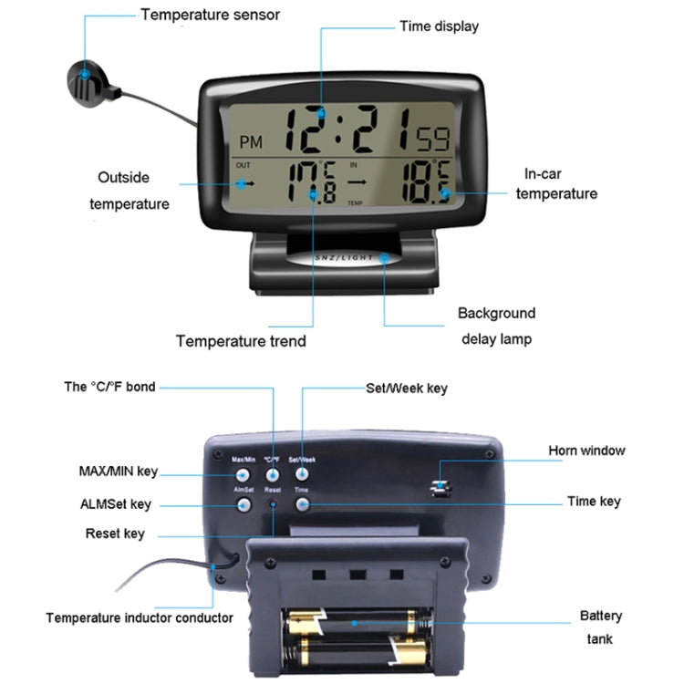 LCD Night Light Car Clock Automotive Electronics Inside And Outside Dual Thermometer - Clocks & Car Meters by PMC TechLife | Online Shopping South Africa | PMC TechLife | Buy Now Pay Later Mobicred