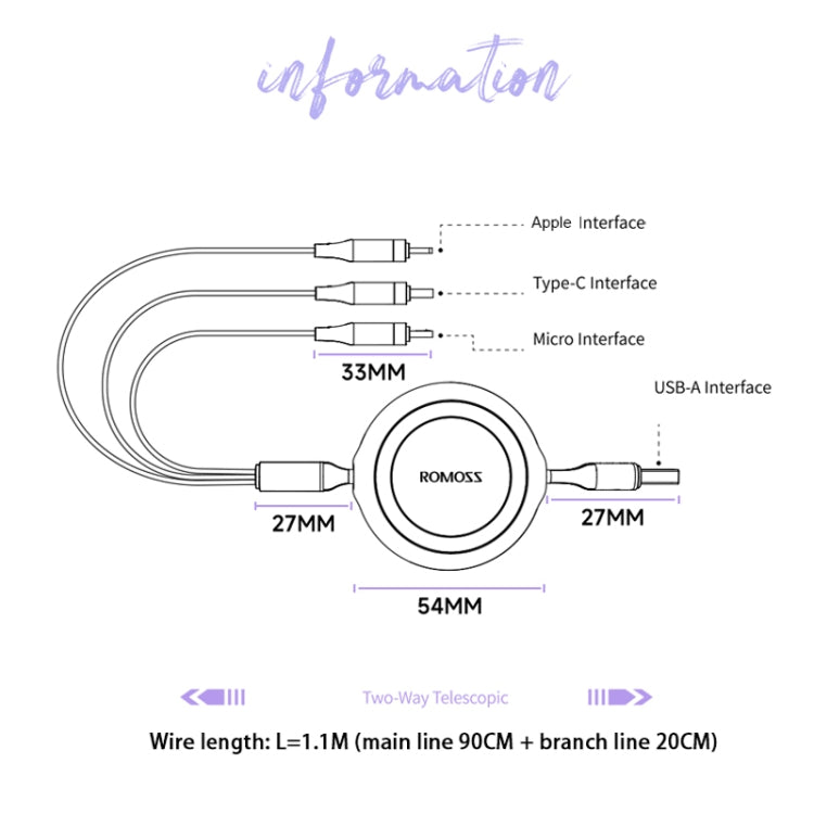 ROMOSS CB258S 3.5A 3-In-1 Telescopic Data Charging Cable USB-A To Type-C & 8 Pin & Micro Wire 1.1m (Purple) - Multifunction Cable by ROMOSS | Online Shopping South Africa | PMC Jewellery | Buy Now Pay Later Mobicred