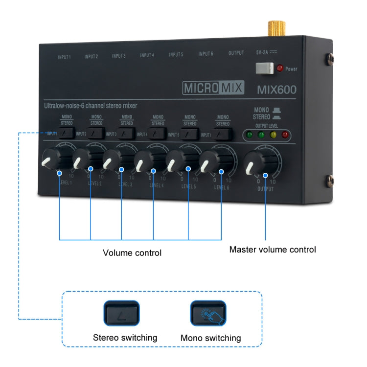 Ultra-Compact Low-Noise 6 Channel Stereo Audio Mixer, US Plug(MIX600) - Live Sound Effects Processors by PMC TechLife | Online Shopping South Africa | PMC TechLife | Buy Now Pay Later Mobicred