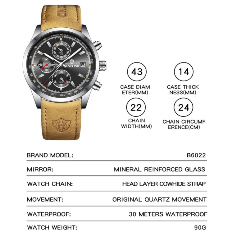 BINBOND B6022 30m Waterproof Luminous Multifunctional Quartz Watch, Color: Inter-Gold-White - Metal Strap Watches by BINBOND | Online Shopping South Africa | PMC Jewellery