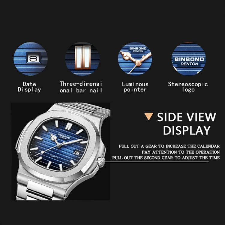 BINBOND B1885 30m Waterproof Retro Luminous Square Men Quartz Watch, Color: White Steel-Blue - Metal Strap Watches by BINBOND | Online Shopping South Africa | PMC Jewellery