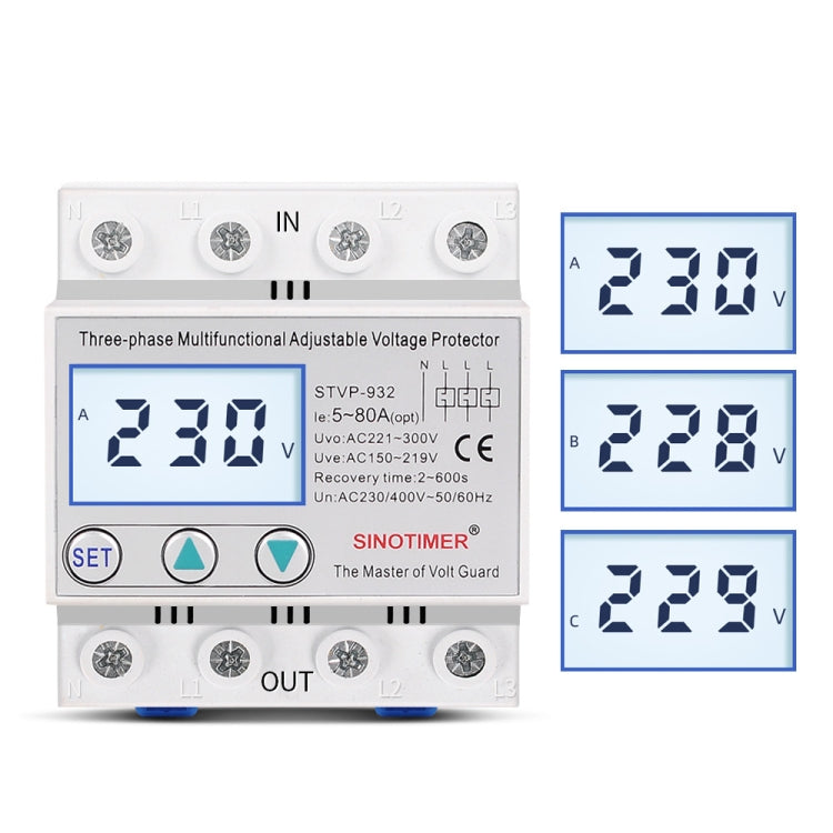 SINOTIMER STVP-932 80A 3-phase 380V LCD Self-resetting Adjustable Surge Voltage Protector - Other Tester Tool by SINOTIMER | Online Shopping South Africa | PMC Jewellery | Buy Now Pay Later Mobicred