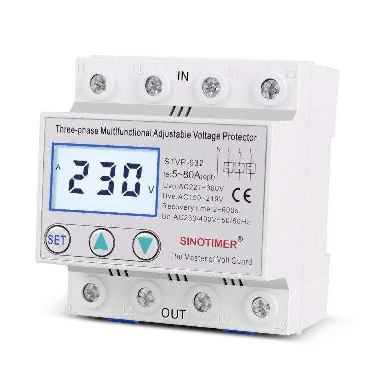 SINOTIMER STVP-932 80A 3-phase 380V LCD Self-resetting Adjustable Surge Voltage Protector - Other Tester Tool by SINOTIMER | Online Shopping South Africa | PMC Jewellery | Buy Now Pay Later Mobicred