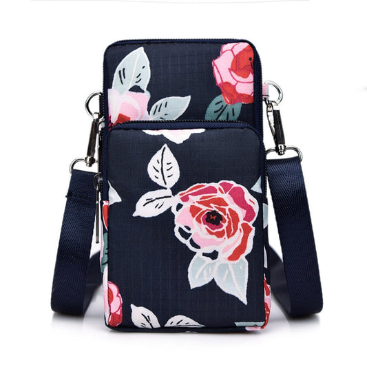 Printed Crossbody Mobile Phone Bag Mini Wallet With Arm Band, Style: Dark Blue Peony - Single-shoulder Bags by PMC Jewellery | Online Shopping South Africa | PMC Jewellery | Buy Now Pay Later Mobicred