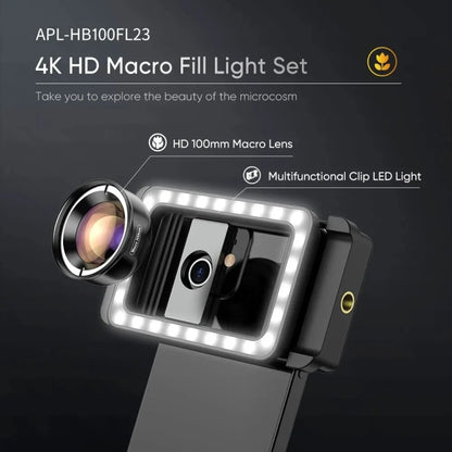 APEXEL 4K HD 100mm Macro Lens With LED Fill Light Set for Smartphones - Macro & Wide-angle by APEXEL | Online Shopping South Africa | PMC Jewellery | Buy Now Pay Later Mobicred