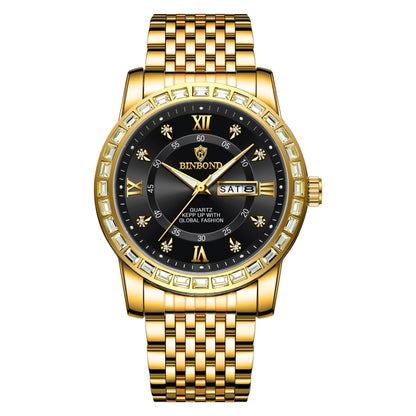 BINBOND B2202 Diamond Dual-calendar Luminous Quartz Watch, Color: Full-gold-Black - Metal Strap Watches by BINBOND | Online Shopping South Africa | PMC Jewellery | Buy Now Pay Later Mobicred