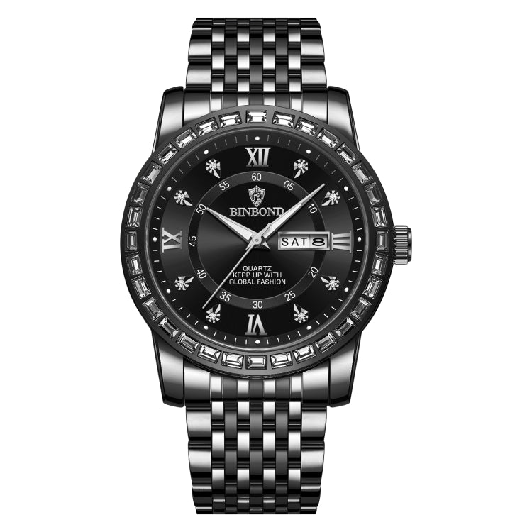 BINBOND B2202 Diamond Dual-calendar Luminous Quartz Watch, Color: Black Steel-Black-White Nail - Metal Strap Watches by BINBOND | Online Shopping South Africa | PMC Jewellery | Buy Now Pay Later Mobicred