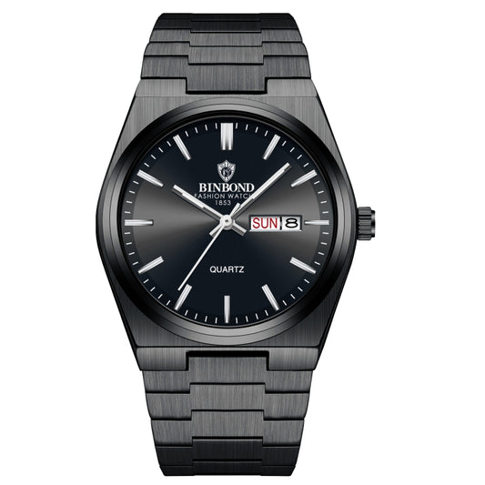 BINBOND B102 Dual-calendar Leisure Waterproof Luminous Quartz Watch, Color: Black Steel-Black-White - Metal Strap Watches by BINBOND | Online Shopping South Africa | PMC Jewellery | Buy Now Pay Later Mobicred