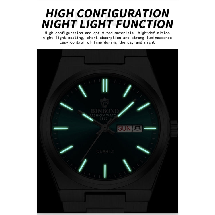 BINBOND B102 Dual-calendar Leisure Waterproof Luminous Quartz Watch, Color: Inter-Rose-Gold-Green - Metal Strap Watches by BINBOND | Online Shopping South Africa | PMC Jewellery | Buy Now Pay Later Mobicred