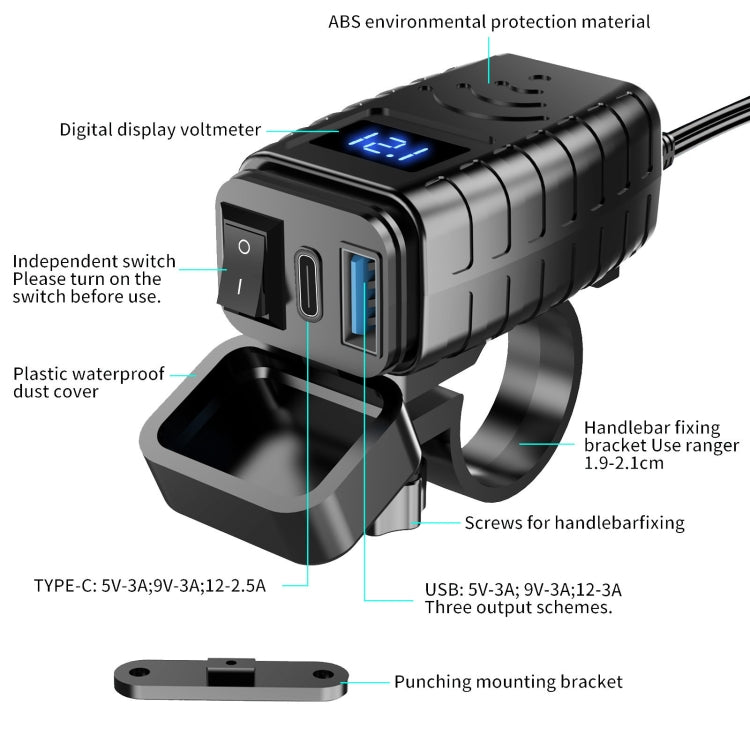 PD3.0 Motorcycle USB Mobile Phone Charger Digital Voltage Meter with Switch(Blue Screen) - Battery Charger by PMC Jewellery | Online Shopping South Africa | PMC Jewellery | Buy Now Pay Later Mobicred