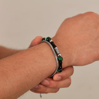 OPK GS1551 Vintage Double Layers Stacked Green Tiger Stone Bamboo Stainless Steel Strings - Bracelets by OPK | Online Shopping South Africa | PMC Jewellery | Buy Now Pay Later Mobicred