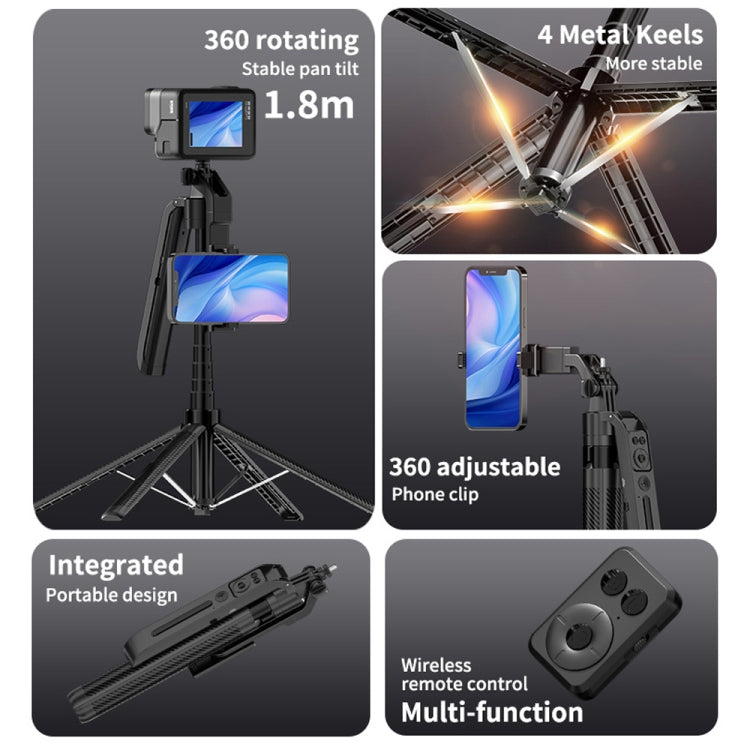 1.8m Smart Face Tracking Selfie Stick 4-axis Anti-shake Tripod with Remote Control With Single Fill Light - Selfie Sticks by PMC Jewellery | Online Shopping South Africa | PMC Jewellery | Buy Now Pay Later Mobicred