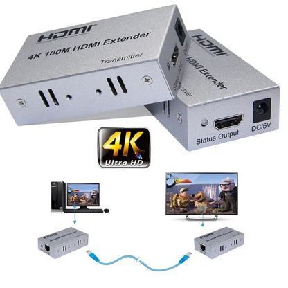 HDMI To RJ45 Single Ethernet Cable 100m Extender 4K HD Cable Signal Amplifier EU Plug(Silver) - Amplifier by PMC Jewellery | Online Shopping South Africa | PMC Jewellery | Buy Now Pay Later Mobicred