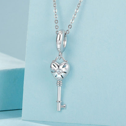 S925 Sterling Silver Platinum-plated Three-dimensional Heart Key-shaped Beaded Jewelry Pendants(SCC2885) - Jewelry Accessories by PMC Jewellery | Online Shopping South Africa | PMC Jewellery | Buy Now Pay Later Mobicred