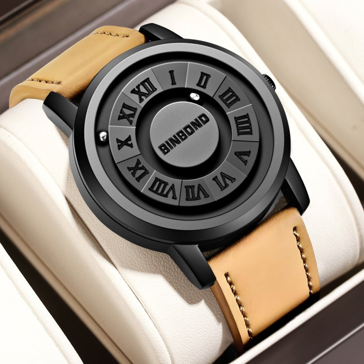 BINBOND B234 30m Waterproof Magnetic Suspension Watch, Color: Yellow Leather-Black Steel-Black - Leather Strap Watches by BINBOND | Online Shopping South Africa | PMC Jewellery | Buy Now Pay Later Mobicred