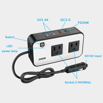 200W Car Inverter Vehicle Plug Power Converter US Plug - Others by PMC Jewellery | Online Shopping South Africa | PMC Jewellery | Buy Now Pay Later Mobicred