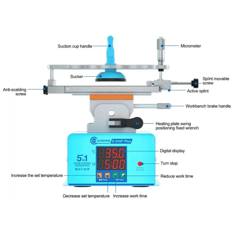 SUNSHINE S-918F Plus 5 In 1 Curved Screen Separator Mobile Phone LCD Screen Repair Separator Heating Platform(EU Plug) - free shipping - PMC TechLife - Order now!