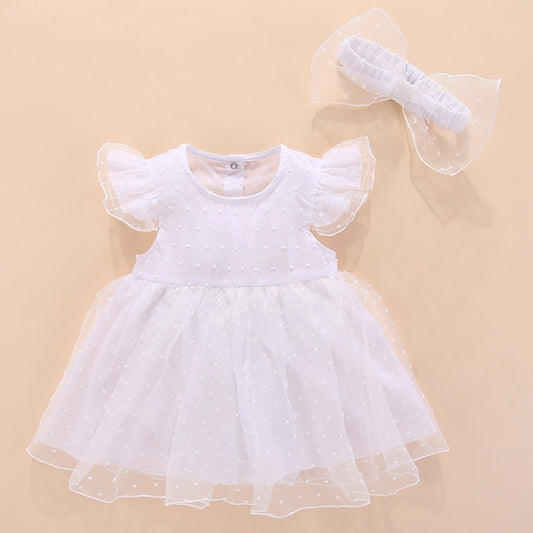 Girls Short-sleeved Mesh Dress With Bow (Color:White Size:70) - Baby Clothing by PMC Jewellery | Online Shopping South Africa | PMC Jewellery