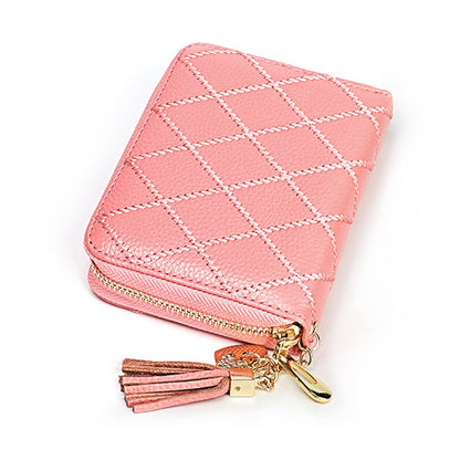 KB213 Diamond Texture Zipper Cowhide Leather Double Row Organ Shape Multiple Card Slots Anti-magnetic RFID Wallet Clutch Bag for Ladies (Pink) - Antimagnetic RFID Package by PMC Jewellery | Online Shopping South Africa | PMC Jewellery | Buy Now Pay Later Mobicred