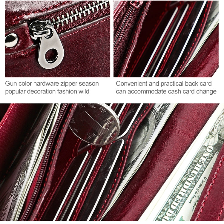 3559 Antimagnetic RFID Multi-function Zipper Retro Top-grain Leather Lady Purse Wallet (Wine Red) - free shipping - PMC TechLife - Order now!