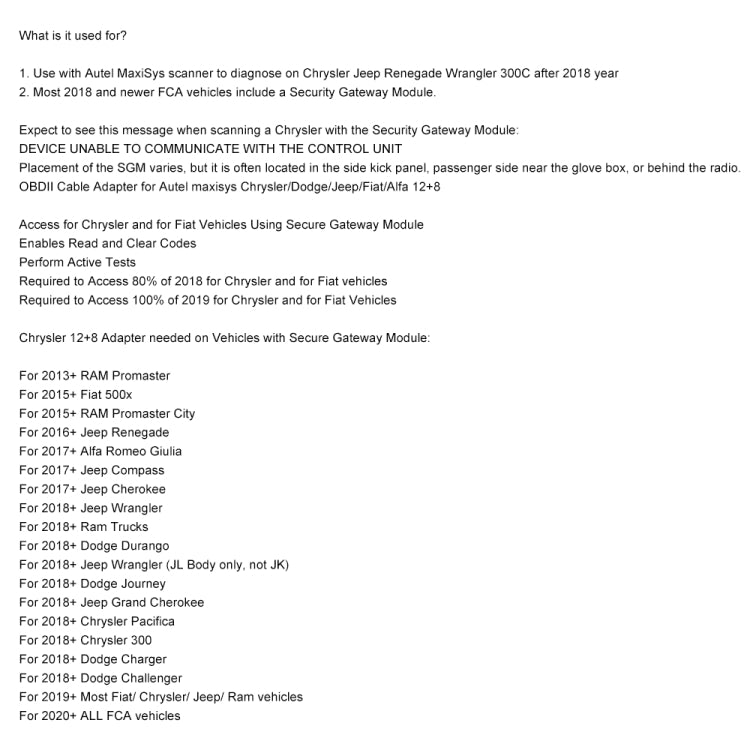 Car FCA 12+8Pin to OBD2 Diagnostic Interface for Chrysler - Code Readers & Scan Tools by PMC TechLife | Online Shopping South Africa | PMC TechLife