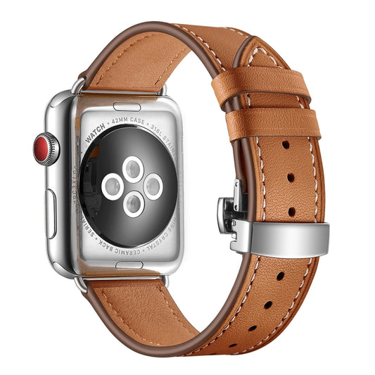 Genuine Leather + Butterfly Silver Buckle Watch Band For Apple Watch Series 7 45mm / 6 & SE & 5 & 4 44mm / 3 & 2 & 1 42mm(Brown) - Watch Bands by PMC Jewellery | Online Shopping South Africa | PMC Jewellery | Buy Now Pay Later Mobicred