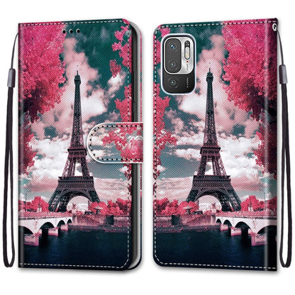 For Xiaomi Redmi Note 10 5G Coloured Drawing Cross Texture Horizontal Flip PU Leather Case with Holder & Card Slots & Wallet & Lanyard(Pink Flower Tower Bridge) - Xiaomi Cases by PMC Jewellery | Online Shopping South Africa | PMC Jewellery