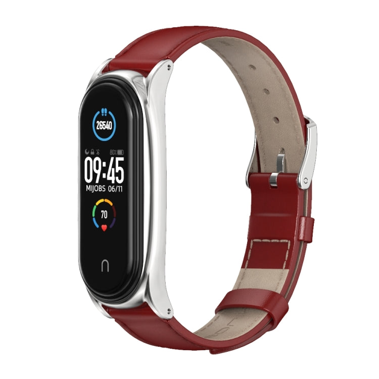 For Xiaomi Mi Band 6 / 5 / 4 / 3 Mijobs First Layer Cowhide Plus Watch Band(Red Silver) - Watch Bands by MIJOBS | Online Shopping South Africa | PMC TechLife | Buy Now Pay Later Mobicred