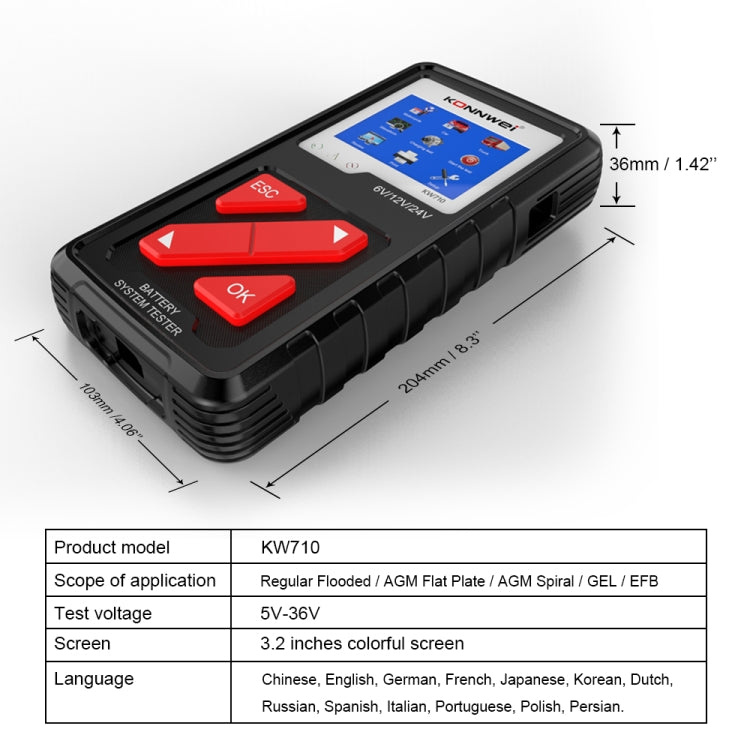 KONNWEI KW710 Car 3.2 inch 6V-24V Lead-acid Battery Tester Support 13 Languages - Code Readers & Scan Tools by KONNWEI | Online Shopping South Africa | PMC Jewellery | Buy Now Pay Later Mobicred