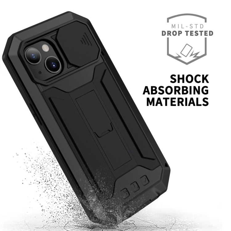 For iPhone 13 R-JUST Sliding Camera Shockproof Life Waterproof Dust-proof Metal + Silicone Protective Case with Holder(Black) - iPhone 13 Cases by R-JUST | Online Shopping South Africa | PMC Jewellery