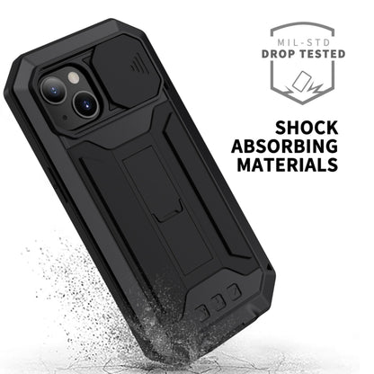 For iPhone 13 R-JUST Sliding Camera Shockproof Life Waterproof Dust-proof Metal + Silicone Protective Case with Holder(Black) - iPhone 13 Cases by R-JUST | Online Shopping South Africa | PMC Jewellery | Buy Now Pay Later Mobicred