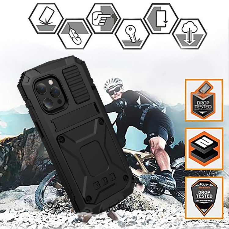 For iPhone 13 Pro Max R-JUST Shockproof Waterproof Dust-proof Metal + Silicone Protective Case with Holder (Black) - free shipping - PMC TechLife - Order now!