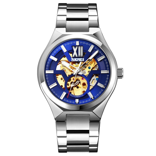 SKMEI 9258 Men Two-color Stainless Steel Strap Automatic Mechanical Watch(Silver Shell Blue Surface) - Metal Strap Watches by SKMEI | Online Shopping South Africa | PMC Jewellery | Buy Now Pay Later Mobicred