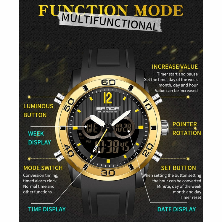 SANDA 3106 Dual Digital Display Men Outdoor Sports Luminous Shockproof Electronic Watch(Black Gold) - Metal Strap Watches by SANDA | Online Shopping South Africa | PMC Jewellery | Buy Now Pay Later Mobicred