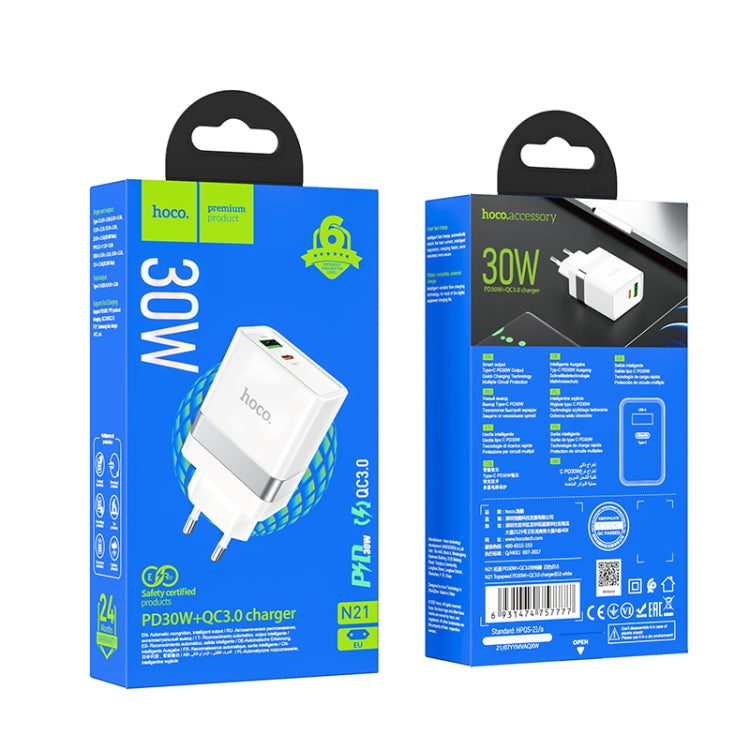 hoco N21 PD 30W Type-C / USB-C + QC 3.0 USB Mini Fast Charger, EU Plug(White) - USB Charger by hoco | Online Shopping South Africa | PMC Jewellery